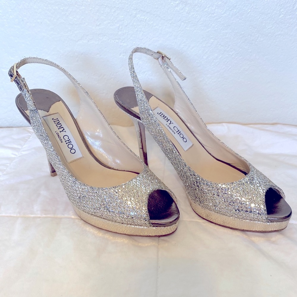 Jimmy Choo Nova Glitter Slingback Peep-toe Pumps
